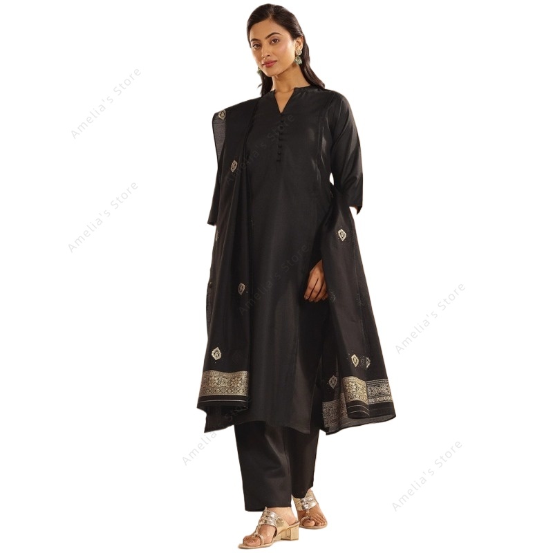 Women Formal Wear Indian - 여성용 블랙 자카드 쿠르타 팬츠 두파타