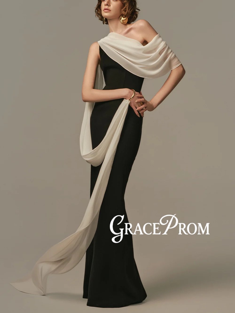 우아한 투톤 이브닝 가운 심플 원숄더 드레이핑 플로잉  - Formal Gala Wear Women 리뷰 및 가격