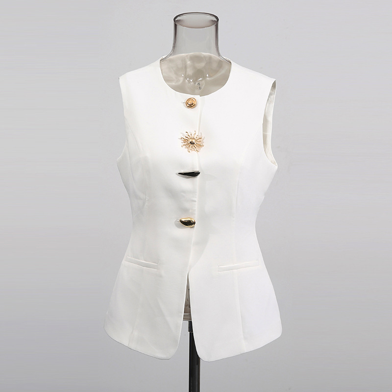 화이트 O넥 베스트 골드 스페셜 버튼 슬림 싱글 브레스 - Women Formal Wear Vest 리뷰 및 가격