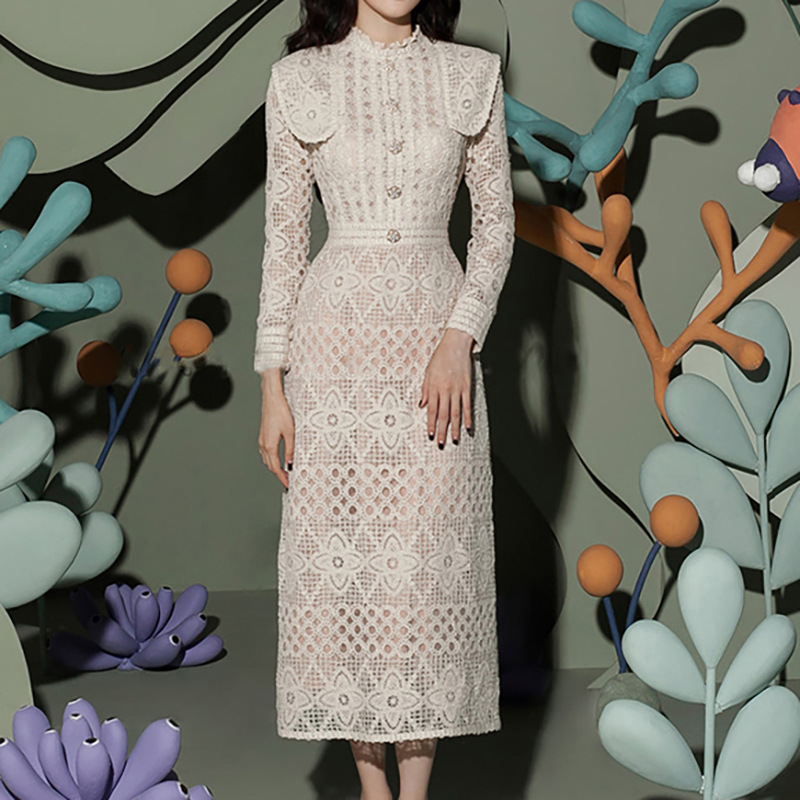 푸타오 레이스 미디 이브닝 드레스 긴팔 숄더 라펠 슬림 - Formal Gala Wear Women 리뷰 및 가격