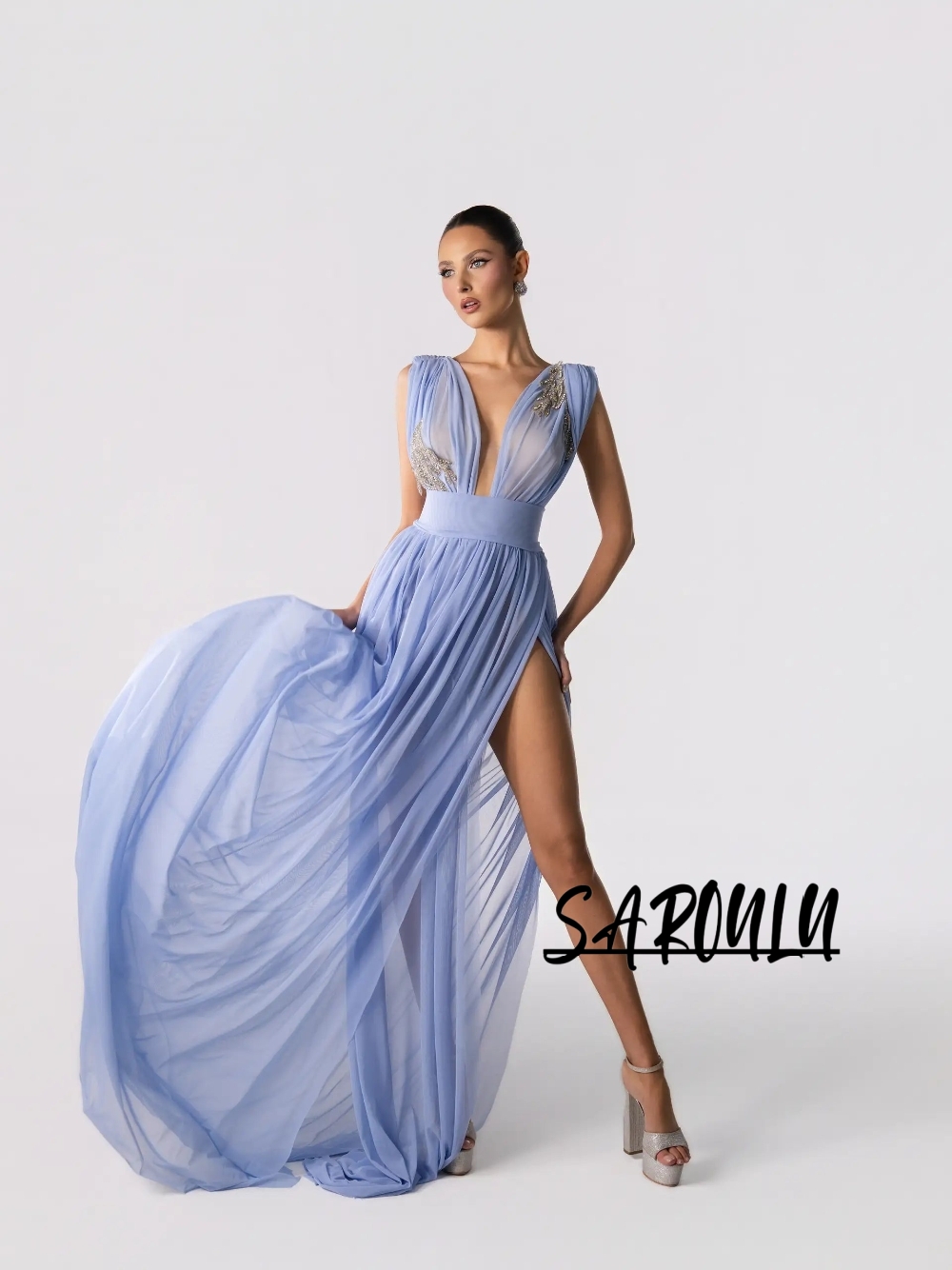 연하늘색 섹시한 딥 V넥 이브닝 드레스 2026 쉬폰  - Formal Gala Wear Women 리뷰 및 가격