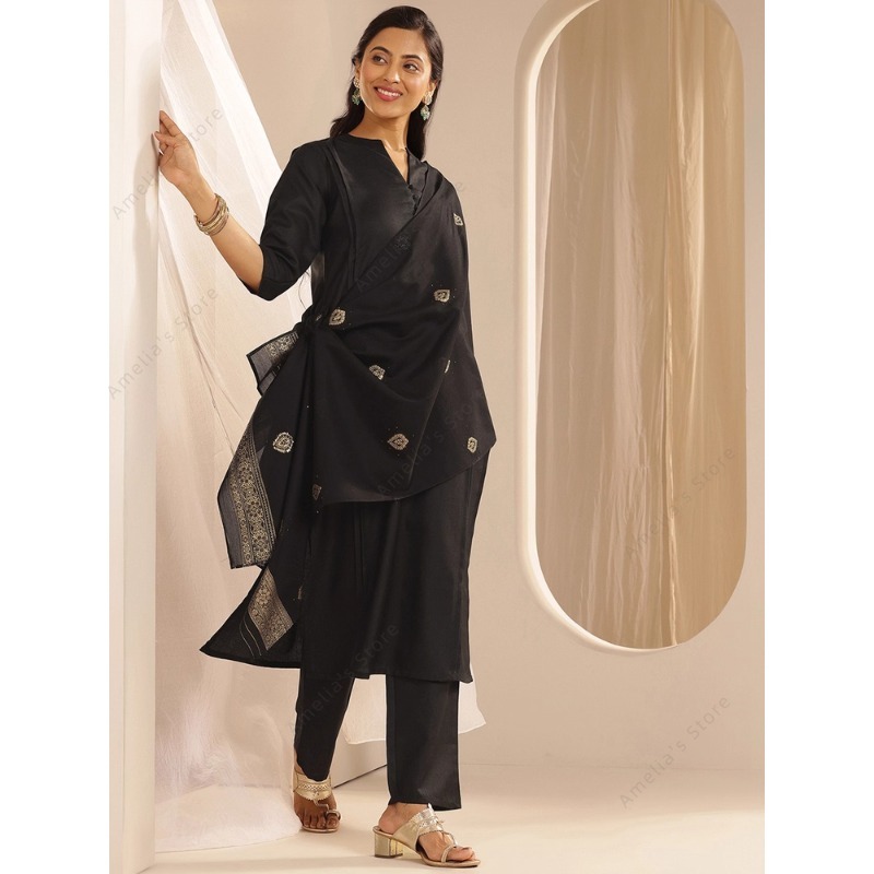 여성용 블랙 자카드 쿠르타 팬츠 두파타 3종 세트, 우 - Women Formal Wear Indian 리뷰 및 가격