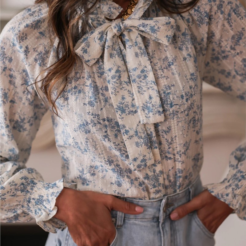 여성복 리본 패션 프린트 꽃무늬 넥타이 긴팔 탑 여성  - Women'S Formal Evening Wear Tops 리뷰 및 가격